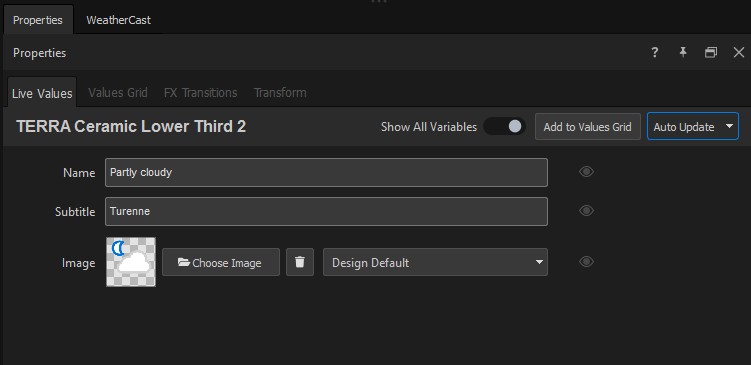 Properties panel with the Live Values tab selected