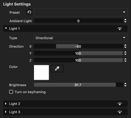 Light Settings panel with Light 1 expanded