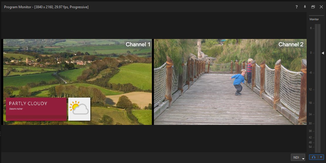 The Program Monitor showing Channel 1 and Channel 2 side by side