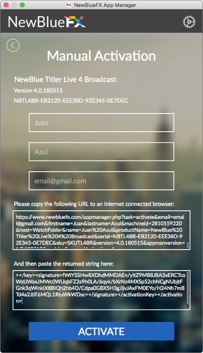 Activation text pasted into the Manual Activation form