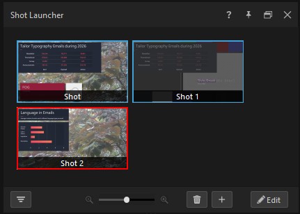 Shot Launcher panel with three Shot tiles