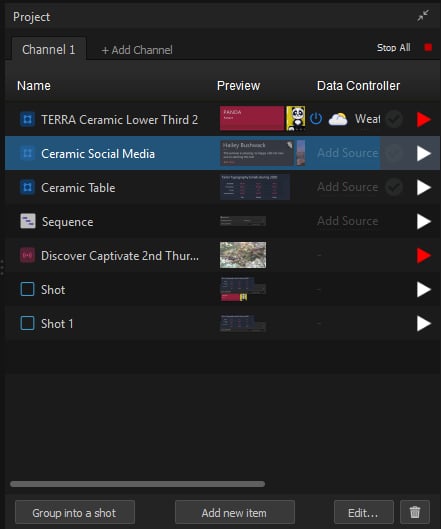 Project List with one channel tab and multiple rows