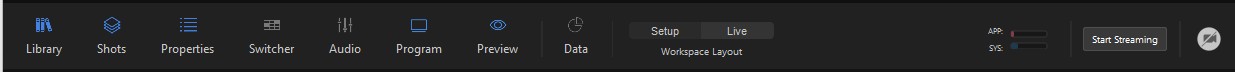 The top bar with panel icons, Setup / Live workspace toggle, CPU indicators, Start Streaming, and the video panic button