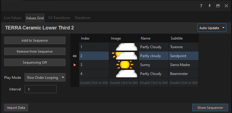 The Values Grid with the Sequencer panel open — Add to Sequence, Remove from Sequence, Sequencing Off, Play Mode, and Interval beside the rows