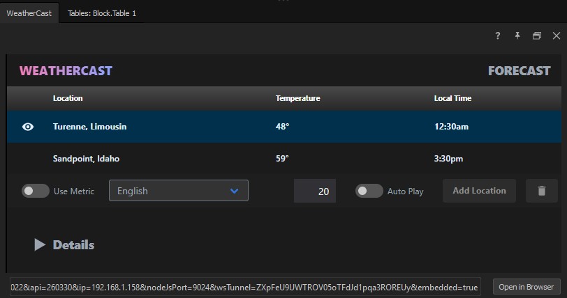 A WeatherCast Data Controller panel with location list and per-location forecast