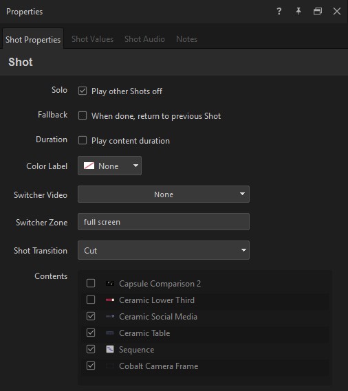 Properties panel for a Shot, showing the Shot Properties tab with Solo, Fallback, Duration, Color Label, Switcher Video, Switcher Zone, Shot Transition, and the Contents list