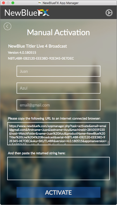 Manual Activation form with the URL displayed