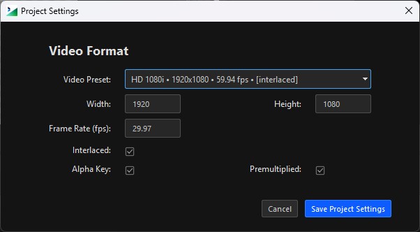 The Project Settings dialog showing the Video Format fields