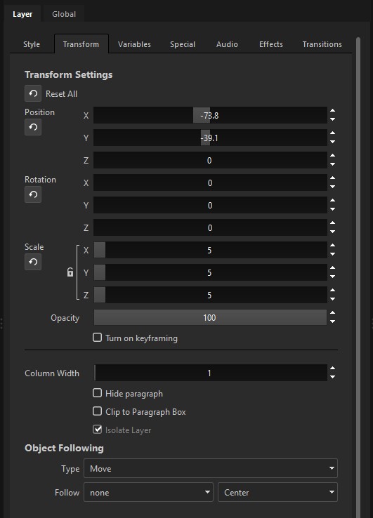 The Transform tab: Position