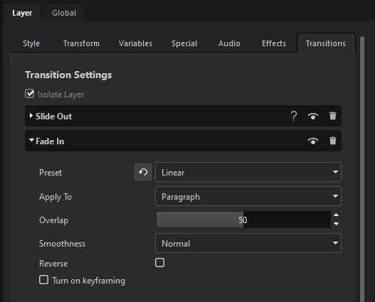 The Properties Transitions tab