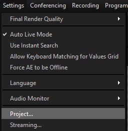 The Settings menu with Project highlighted