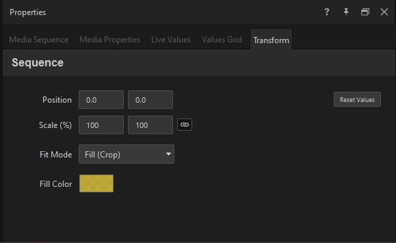 Transform tab for a media sequence — Position, Scale, Fit Mode, and Fill Color
