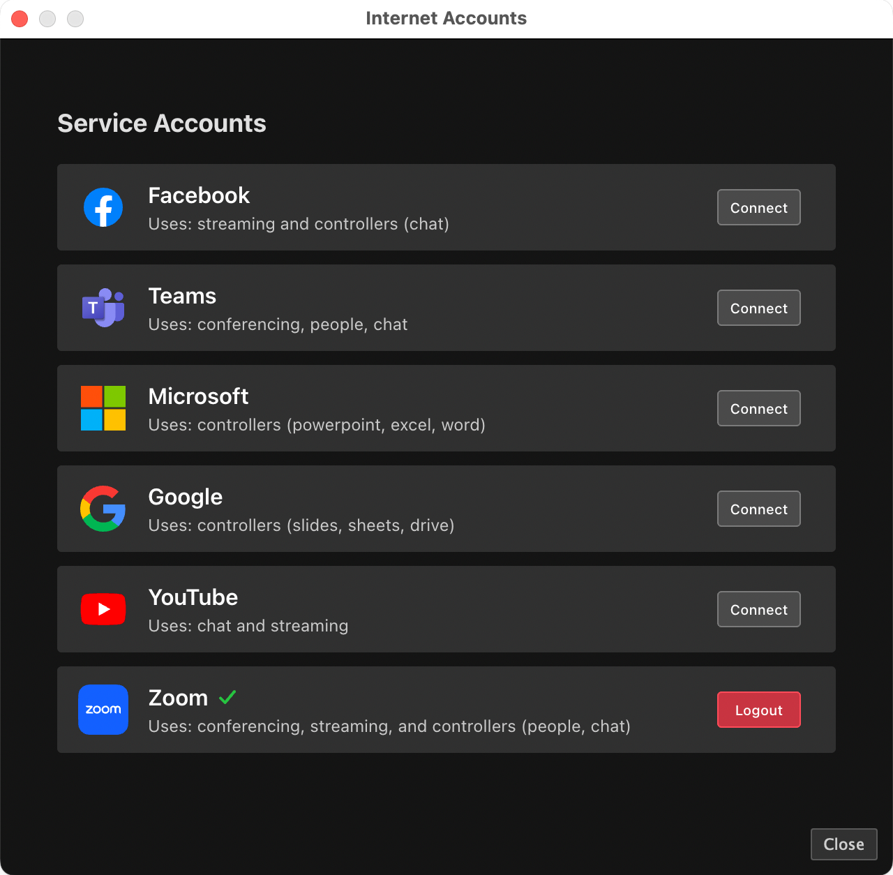 Service Accounts panel