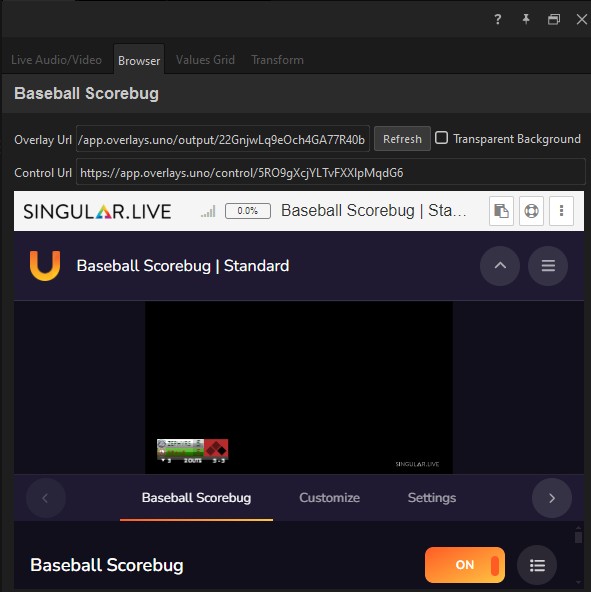The Browser tab with Overlay Url, Refresh, Transparent Background, Control Url, and the operator control page rendered below