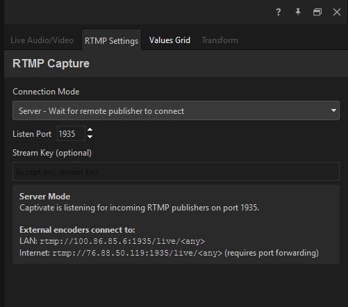 RTMP Settings tab — Connection Mode, Listen Port, optional Stream Key, and the LAN and internet addresses encoders connect to