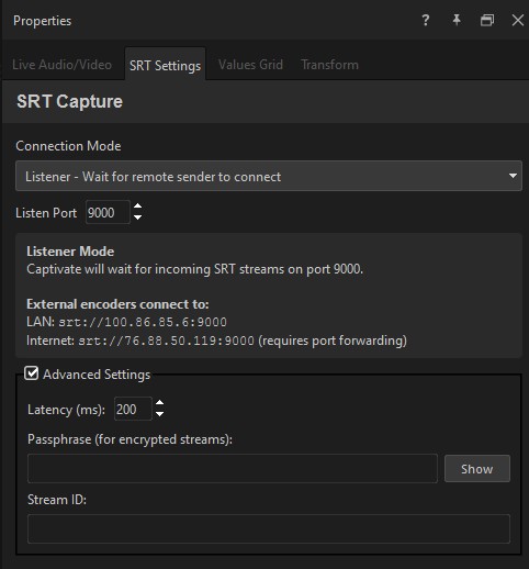 SRT Settings tab — Connection Mode, Listen Port, and Advanced Settings with Latency, Passphrase, and Stream ID