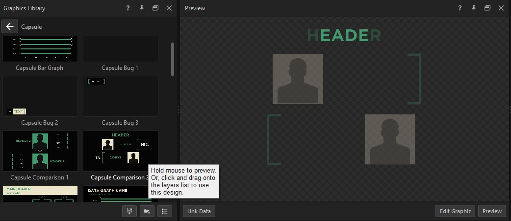 Library panel with the cursor over a preset, the Preview panel showing the graphic animating