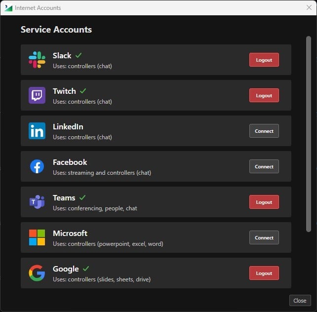 The Service Accounts panel listing supported services and their connection state
