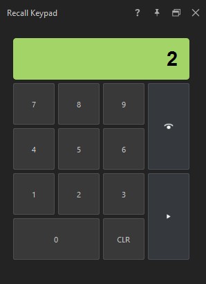The Recall Keypad dock with a matched entry showing 2 in the green display