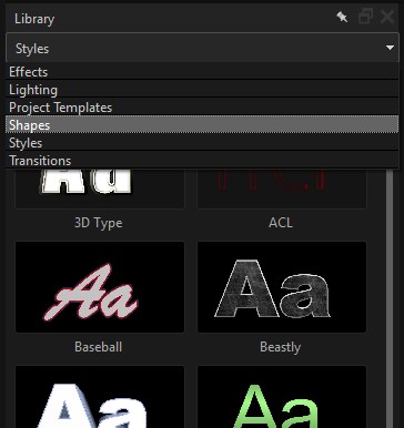 The Library panel with the category drop-down open, showing Effects, Lighting, Project Templates, Shapes, Styles, and Transitions