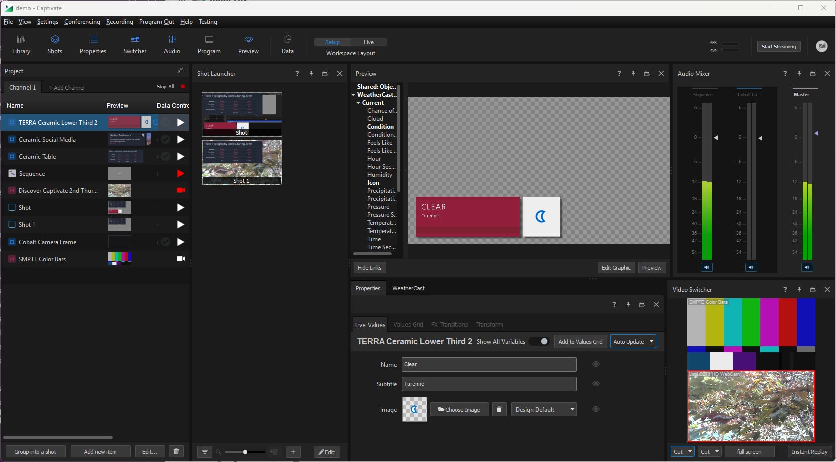 Live workspace with Project List, Shot Launcher, Video Switcher, Audio Mixer, and Program Monitor