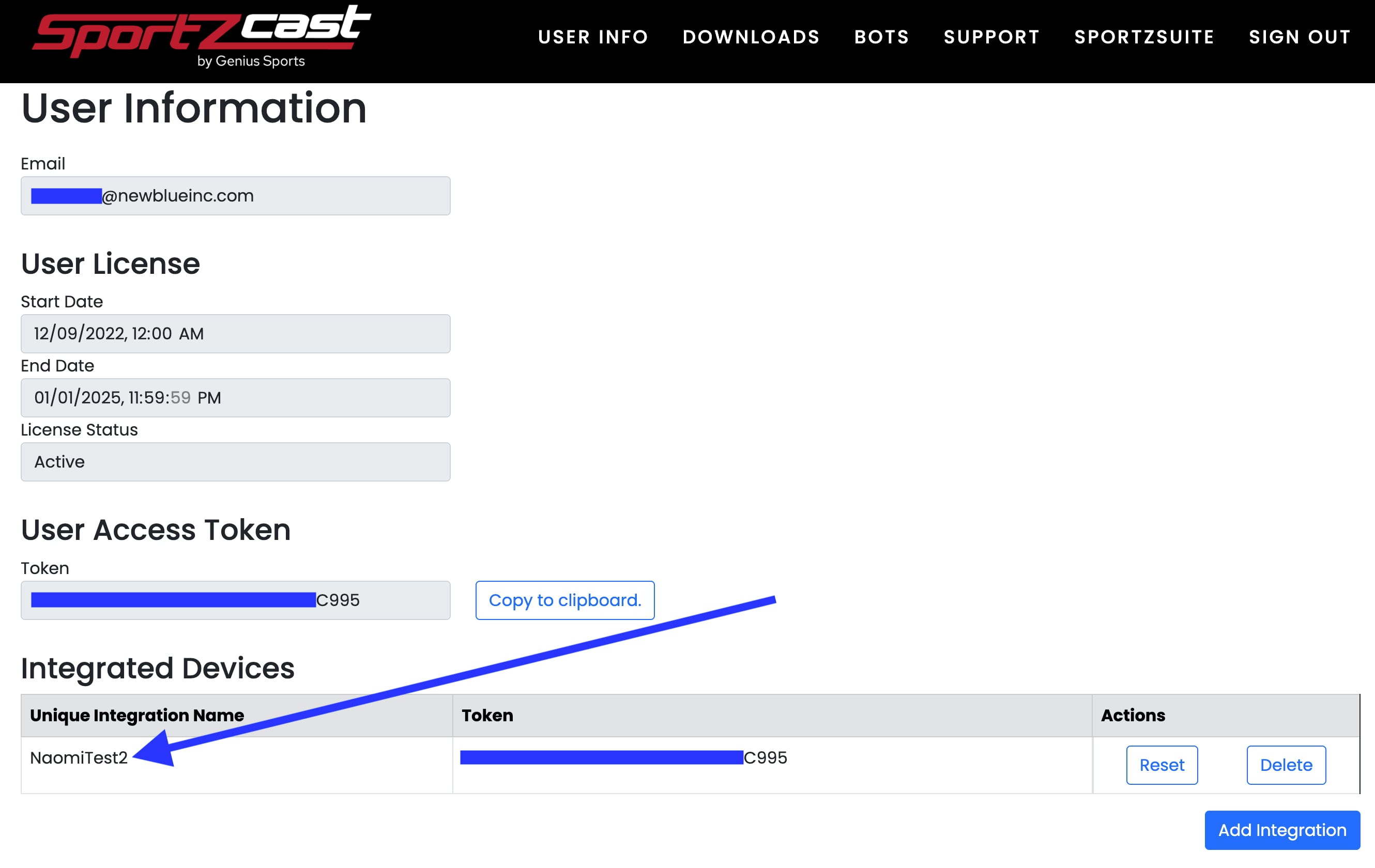 Sportzcast User Info