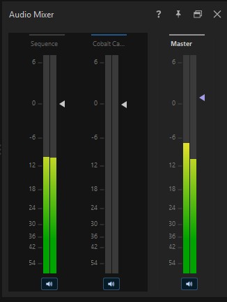 Audio Mixer panel with level meters