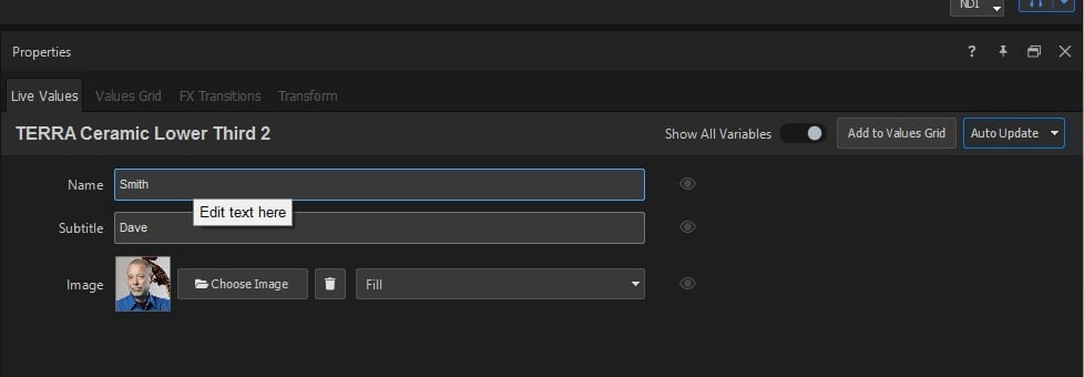 Properties panel with the Live Values tab open, showing the graphic's variables