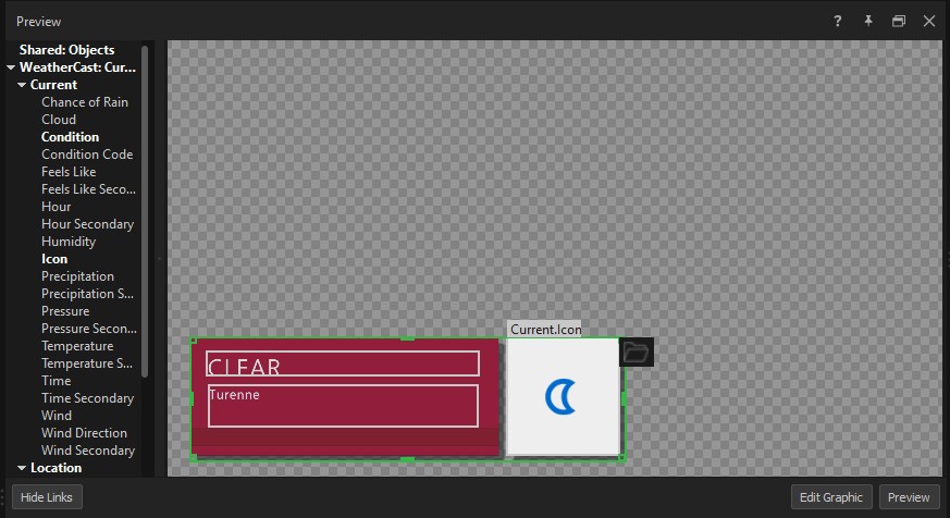 Preview panel showing a weather graphic with the Link Data sidebar visible