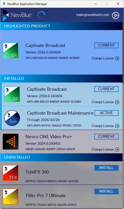 The NewBlue Application Manager window