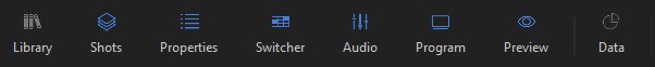 The panel icons on the top bar — Library, Project, Shots, Properties, Switcher, Audio, Program, Preview, and Data