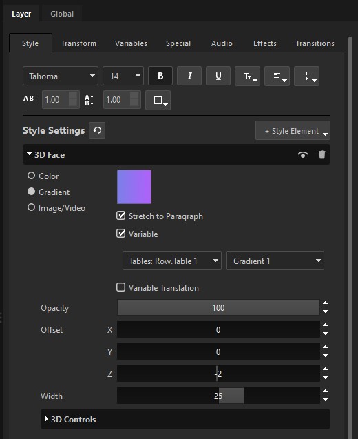 The Style tab: the font toolbar above the Style Settings stack