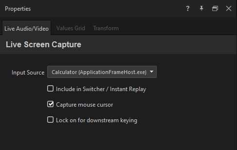 Live Audio/Video tab for a captured application window, with Input Source, Include in Switcher / Instant Replay, Capture mouse cursor, and Lock on for downstream keying