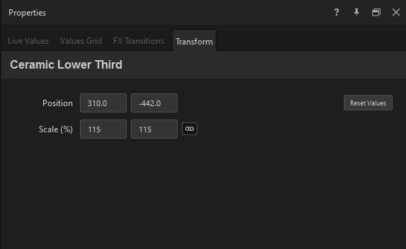 Transform tab for a graphic — Position, Scale with the axis-link toggle, and Reset Values
